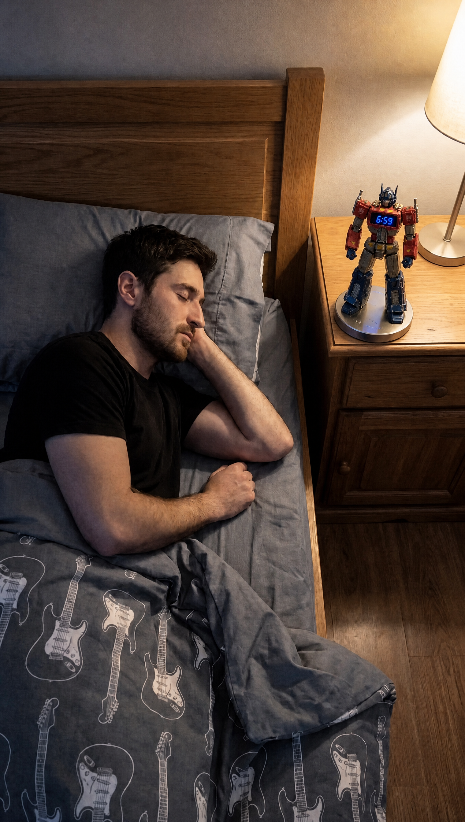 Optimus Prime alarm clock glowing on nightstand at wake time